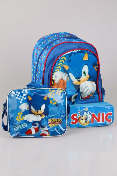 Sonic Geantă de școală Sonic cu licență de sezon nou - Set de papetărie pentru prânz și creion