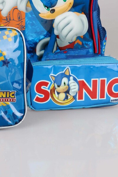 Sonic Geantă de școală Sonic cu licență de sezon nou - Set de papetărie pentru prânz și creion