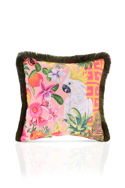 DECO White Geometric Pasha Printed Velvet Cushion - Fringed