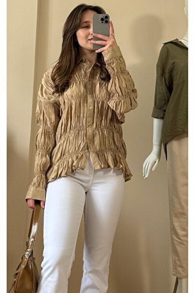 Eda Başak Atelier Kırışık Kumaş Uzun Kol Gömlek