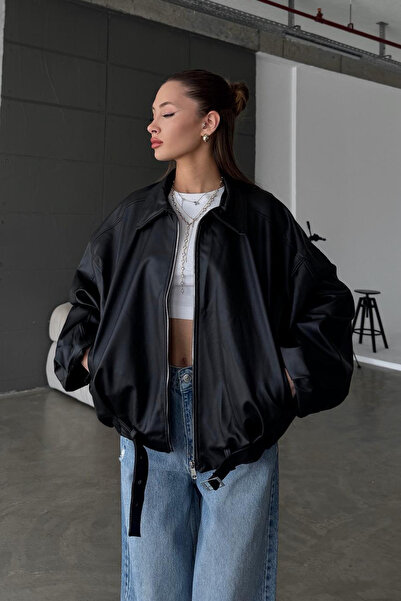 MANMARK Kadın Oversize Deri Ceket– Oversize Relax Fit, Fermuarlı Kemer Detaylı Günlük Kadın Ceket