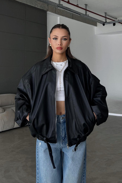 MANMARK Kadın Oversize Deri Ceket– Oversize Relax Fit, Fermuarlı Kemer Detaylı Günlük Kadın Ceket