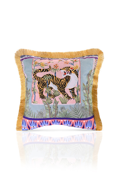 DECO Bengal Patterned Digital Printed Velvet Fringed - Watercolor, Throw Pillow Cover