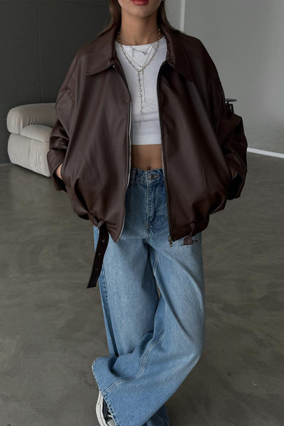 MANMARK Kadın Oversize Deri Ceket– Oversize Relax Fit, Fermuarlı Kemer Detaylı Günlük Kadın Ceket