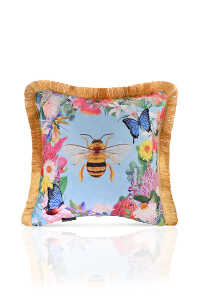 DECO Velvet Throw Pillow - Digital Printed, Fringed, Water Colored, Bee and Flower Twill Pattern