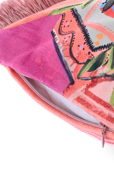 DECO White Kitten Patterned Digital Printed Velvet Throw Pillow - Fringed