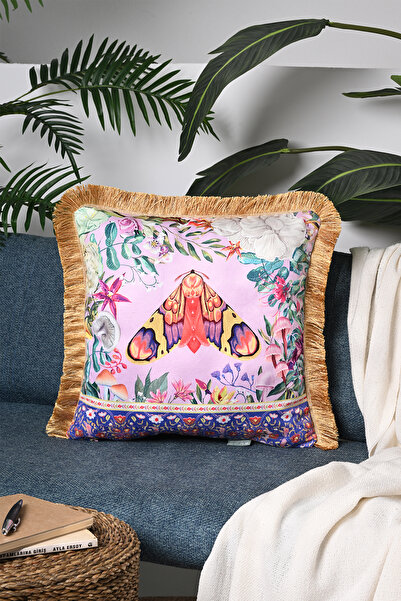 DECO Cu franjuri din catifea cu model de fluturi colorat - Husă de pernă deco...