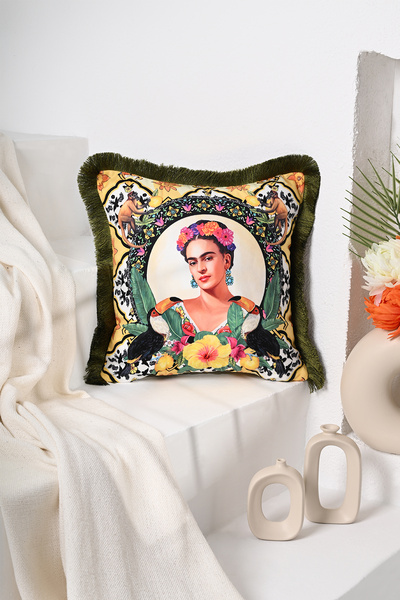 DECO Yellow Background Pattern - Digital Printed Velvet Throw Pillow Cover with Fringed Mexican Women's Portrait