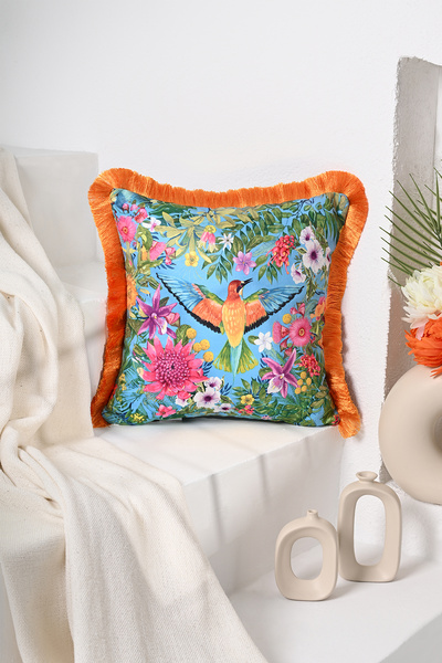 DECO Blue Velvet Throw Pillow - Watercolor Flower and Bird Pattern, Digital Printed Fringed Cover