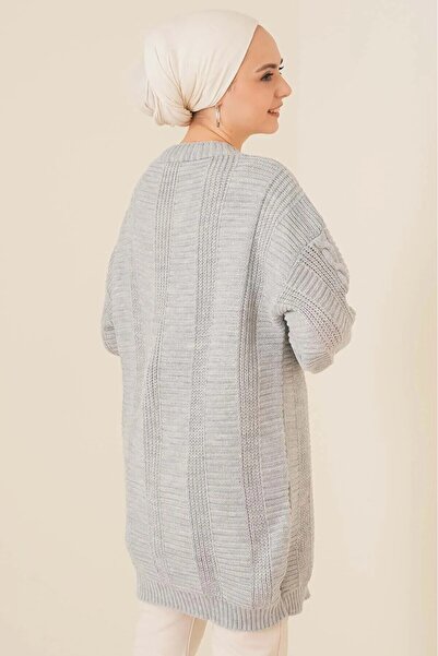 trikomode Gray Knitted Pattern Buttoned Long Women's Cardigan