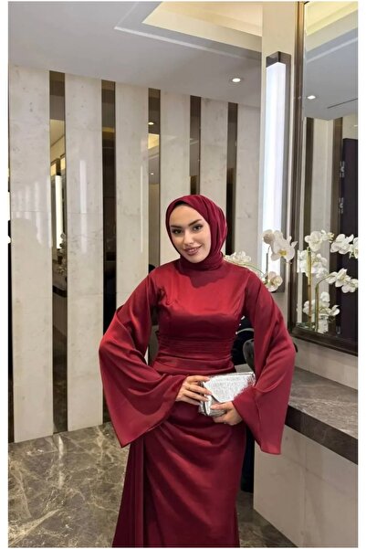 modadeywearst Drape Detaylı Kuyruklu Saten Tesettür Abiye