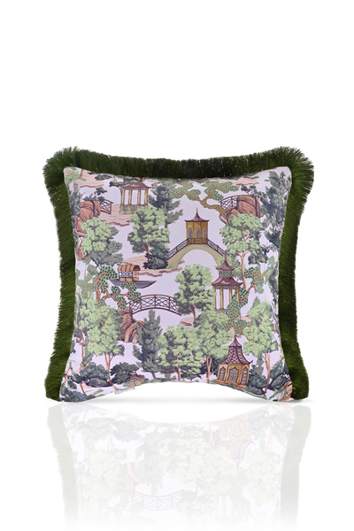 DECO Green Digital Printed Velvet Village View Fringed Throw Pillow Cover
