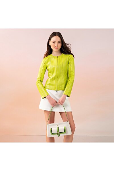 Desa Deundria Yeşil Kadın Fit Panelli Deri Ceket