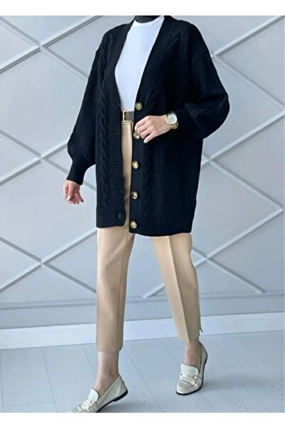 MODASPARK Siyah Örgü Desen Düğmeli Uzun Kadın Hırka