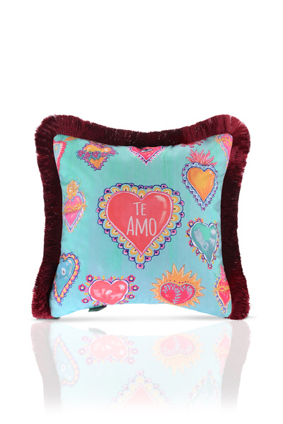 DECO Heart Patterned Spanish Velvet - Digital Printed Fringed Throw Pillow Cover