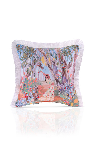DECO Women's Patterned Digital Printed Velvet Throw Pillow - Fringed Water Color Dancing in the Forest