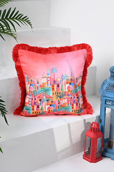 DECO Otantik Şehir Manzaralı Kadife Kırlent Kılıfı Dijital Baskılı Kırmızı Saçaklı
