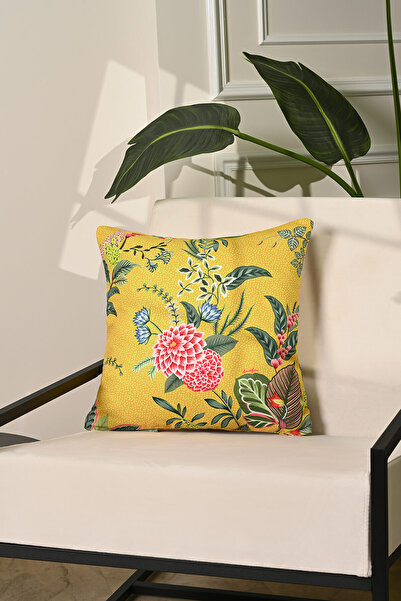 decofav Husă de pernă cu flori botanice pe fundal galben - 43x43 cm, cu fermo...