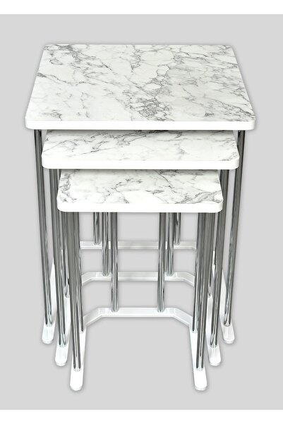 usta mekan Tokyo Gümüş Beyaz Mermer Mdf 3 Lü Kare C Zigon Sehpa