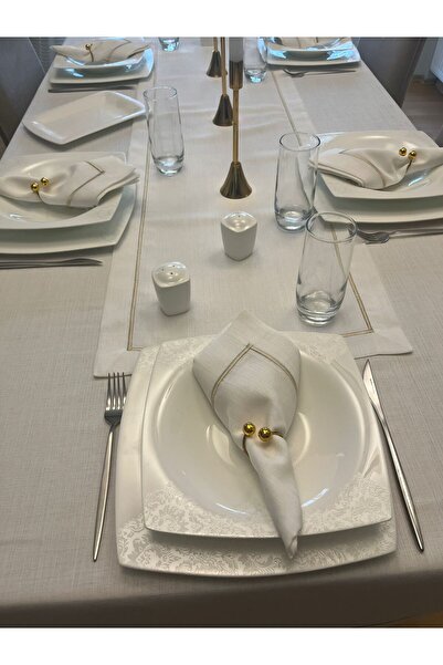Zeren Home Polyester Linen Gold Piko Detailed Off-White Carefree Tablecloth + 6 Napkins