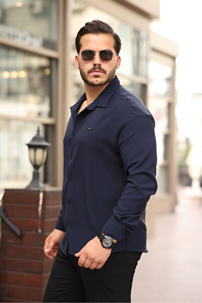 Artı1 Half Oversize Long Sleeve Easy Ironing Sweat Absorbent Breathable Double Face Fabric Men's Shirt-801-Navy Blue