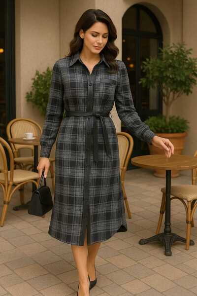 FAZZA FABRİKA Antrasit Deri Detay Ekoseli Gömlek Elbise