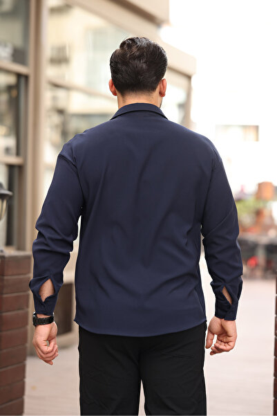 Artı1 Half Oversize Long Sleeve Easy Ironing Sweat Absorbent Breathable Double Face Fabric Men's Shirt-801-Navy Blue