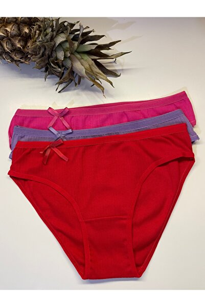 Kırmızı 6'lı Pamuklu Fitilli Beli Fiyonklu Rahat ve Şık Bikini Külot Seti –