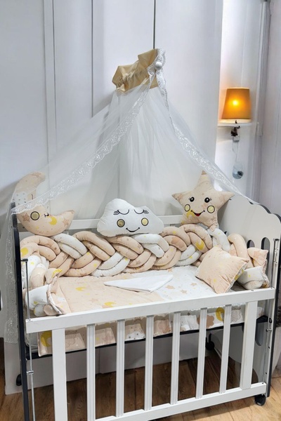JULYA KİDS 6-Piece Braided Beige Sleeping Set with Mosquito Net 60*120cm 9 Pieces