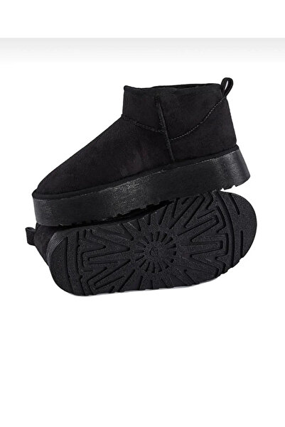 FootFrenzy Kadın Süet Içi Kürklü Kalın Taban Bilekte Kısa Kadın Bot&bootie Siyah