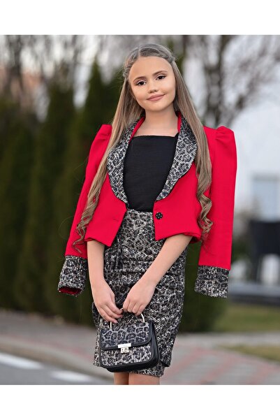 By Feyza Kids Collection By Feyza Girl's 4-Piece Set Red Sequined Leopard Patterned Skirt Jacket Blouse Bag Combination 5-12 Years
