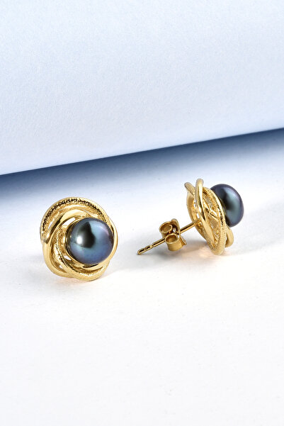 Nox Jewelry 925 Ayar Gümüş Altın Kaplama Tahitian Siyah İnci Detaylı Çivi Küp...