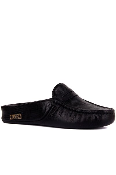 SailLakers - Μαύρες δερμάτινες γυναικείες παντόφλες σπιτιών 109-557-X