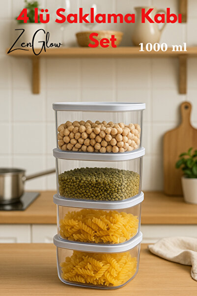 ZenGlow Set of 4 Storage Containers - Bpa Free, Clear Mica Crystal Plastic Kitchen Pantry Container with Locking Lids