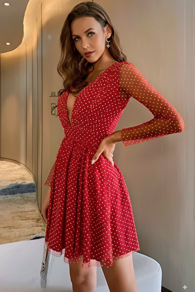 FASHION COCKTAIL Derin V Yaka Sexy Tüllü Uzun Kol Kokteyl Davet Mini Elbise Kırmızı