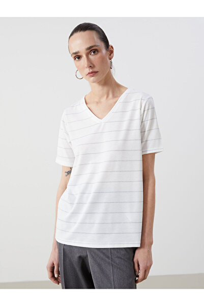 LC Waikiki Γυναικείο μπλουζάκι Özmarka New Season με λαιμόκοψη V και ρίγες