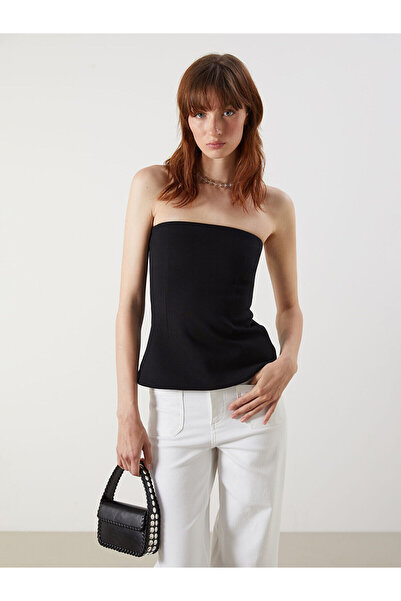 LC Waikiki Lcw Vision Black Strapless Neckline Peplum Blouse with Nevavm Diff...