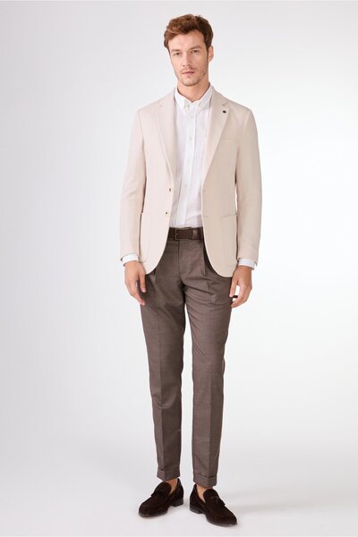 Dufy Krem Erkek Slim Fit Düz Mono Yaka Casual Ceket