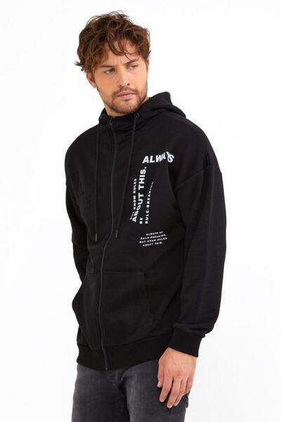 BREEZY Rule Gofre Baskılı Fermuarlı Siyah Sweatshırt, Zip Hoodie