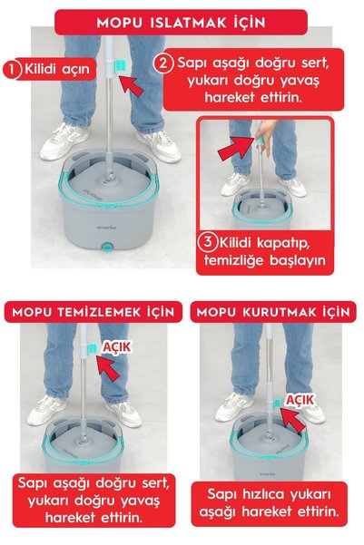 SMARTER Aqua Max Ve Üçgen Aparat Temiz & Kirli Suyu Ayırma Temizlik Seti Mop Paspas Cam Sileceği