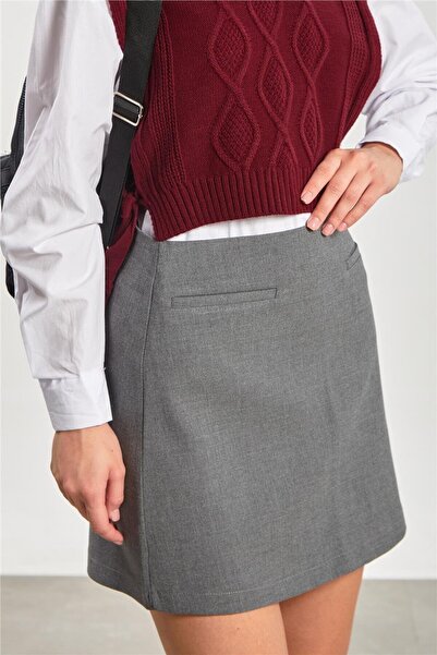 BARRELS AND OIL Kadın Fleto Cep Mini Etek - Okul Gri