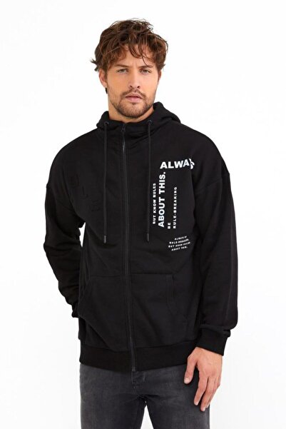 BREEZY Rule Gofre Baskılı Fermuarlı Siyah Sweatshırt, Zip Hoodie