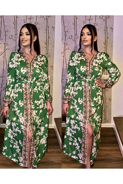 Intisimo Γυναικείο Φόρεμα, Μακρύ, Κορδόνι στη Μέση, Άνοιγμα, Πράσινο/Λευκό