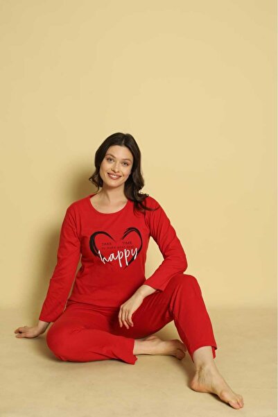 Intisimo Pijamale pentru femei, cu mânecă lungă, Happy, bumbac, roșii - XXL