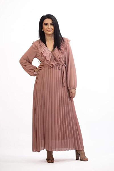 Intisimo Rochie de damă, lungă, plisată, talie cu șnur, roz pudrat