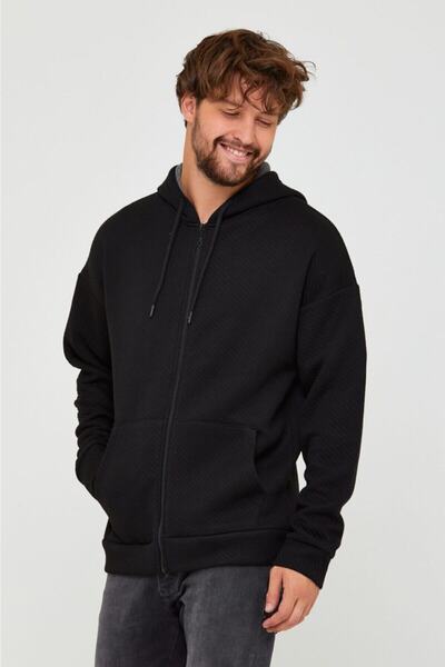 BREEZY Ottoman / Choman Kapüşonlu Fermuarlı Siyah Sweatshirt, Zip Hoodie