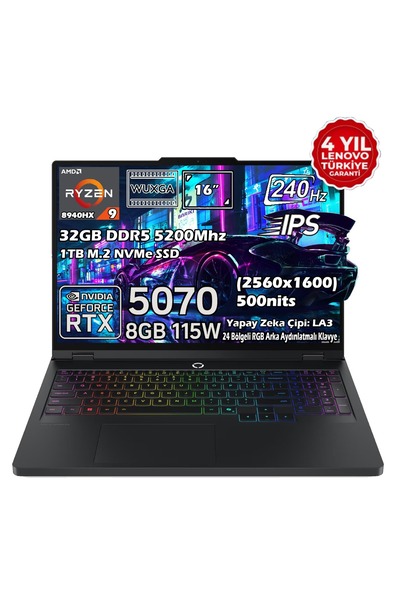 LENOVO Legion Pro 5 16ADR10 AMD Ryzen 9 8940HX 32GB 1TB SSD RTX5070 8GB 16" WQXGA IPS 240Hz Fdos 83LT0046TR