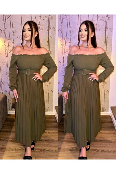 Intisimo Rochie de damă, plisată, lungă, curea, verde kaki