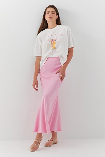MARKALİSTE Straight Long Satin Skirt Pink
