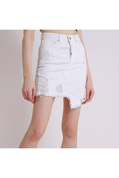 Intisimo Fustă de damă din denim, cu franjuri, albă - S